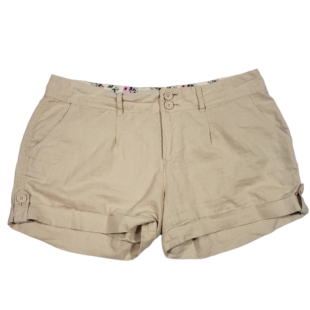 Papaya Tan Beige 100% Linen Shorts Size Large Cuffed Lightweight Breathable